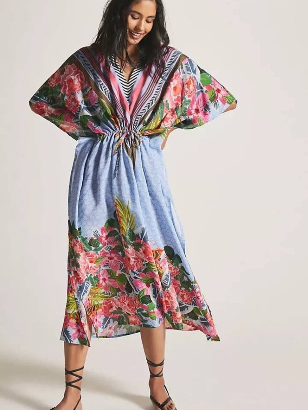 Anthropologie Bl-nk V-Neck Kaftan Blue Floral Women's One Size Coverup Vacay